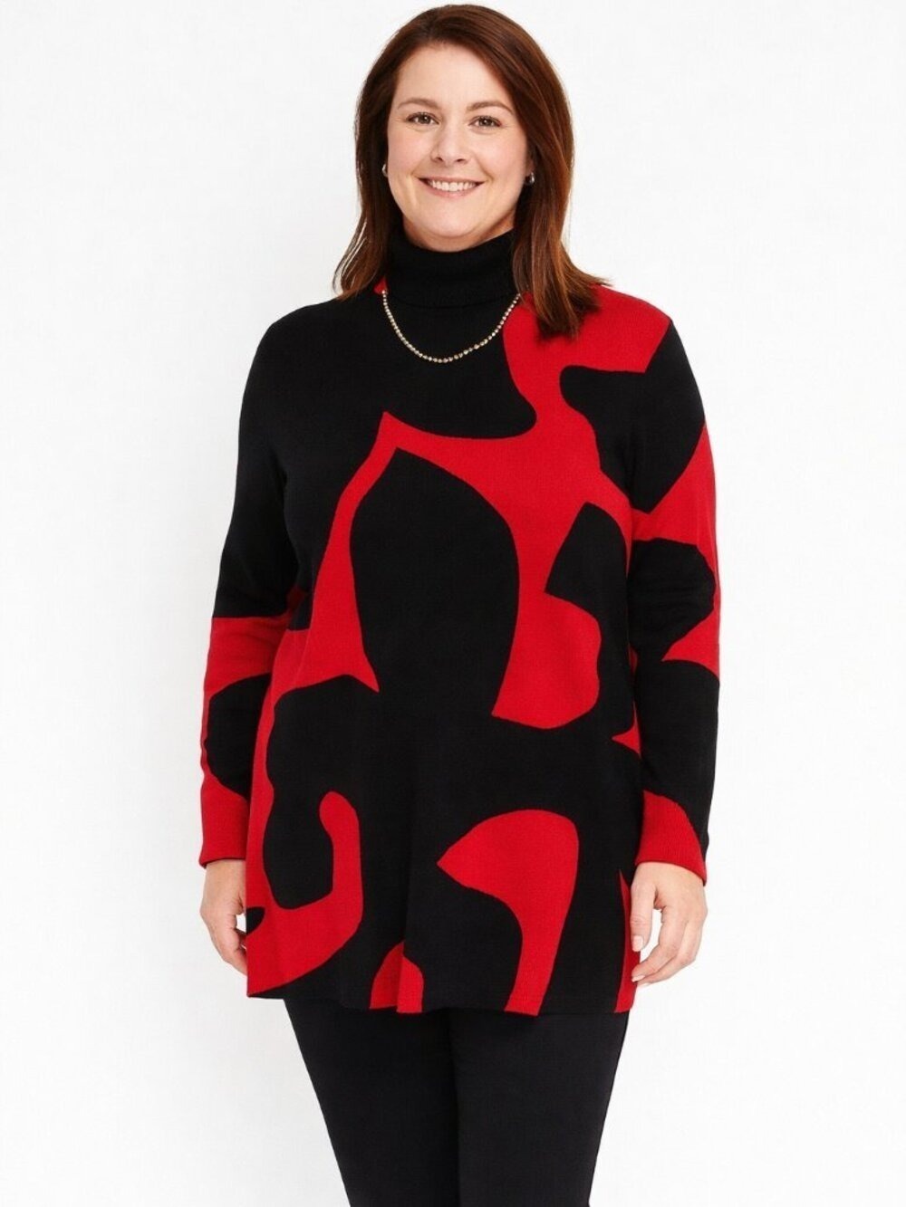 Chico’s XXL Abstract Turtleneck Sweater – Bold Red & Black Statement Knit